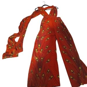 Vibrant Orange Peacock Print Jumpsuit
